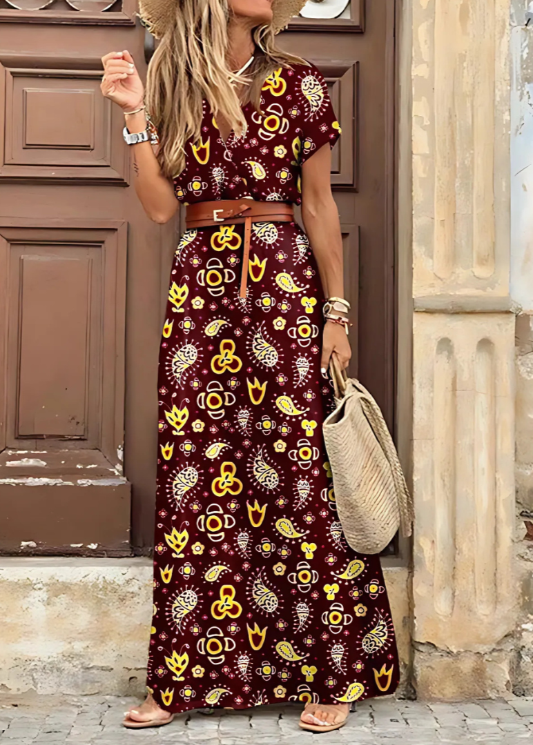 Romy™ | Long bohemian dress with pleated waist