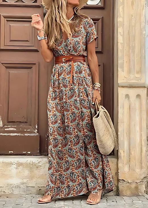 Romy™ | Long bohemian dress with pleated waist