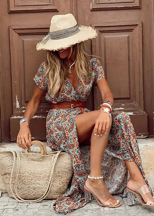Romy™ | Long bohemian dress with pleated waist